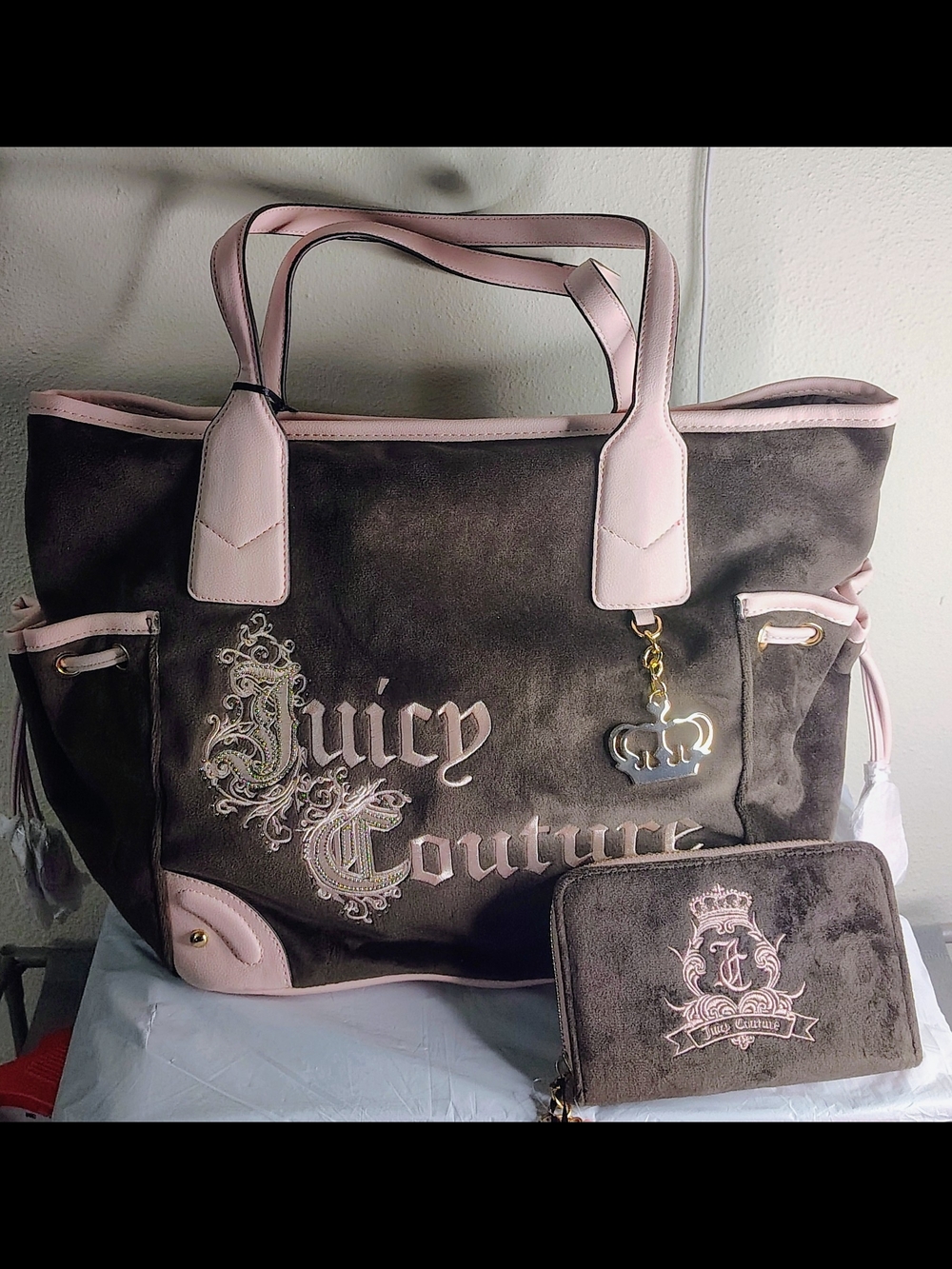 Juicy Couture Pink Trim Brown Tote Bag with Matching Wallet